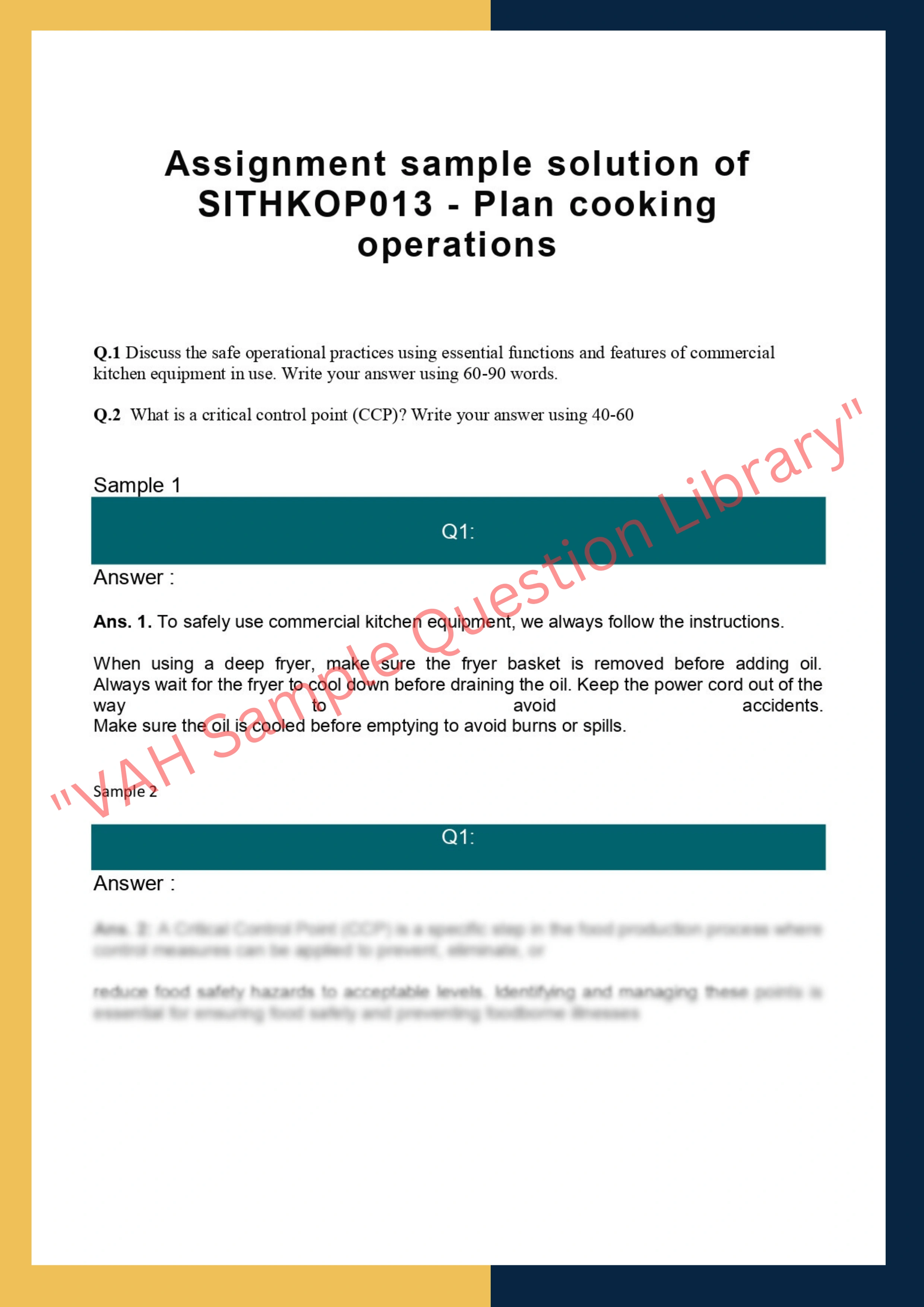 Assignment sample solution of SITHKOP013 - Plan cooking operations 0